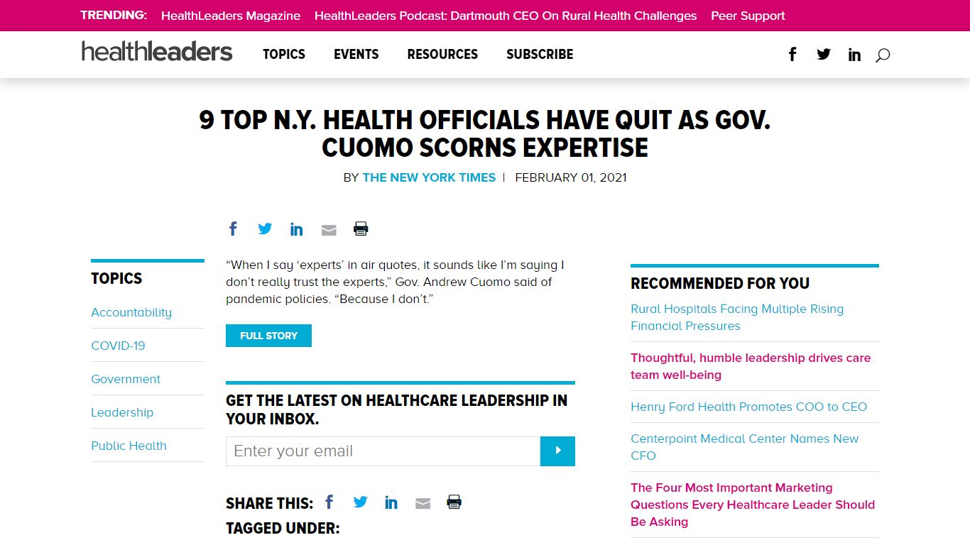 9 top N.Y. health officials have quit as Gov. Cuomo scorns expertise